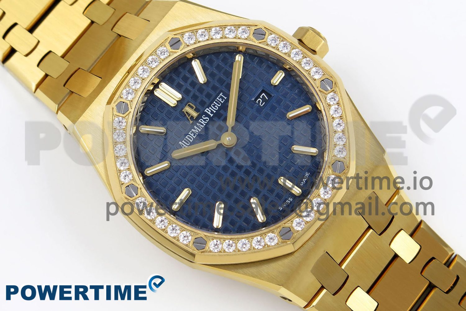 Lady Royal Oak 33mm 67651 Diamonds Bezel YG ZF 1:1 Best Edition Blue Textured Dial on YG Bracelet RONDA Quartz - Image 3