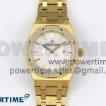 Lady Royal Oak 33mm 67651 Diamonds Bezel YG ZF 1:1 Best Edition White Textured Dial on YG Bracelet RONDA Quartz