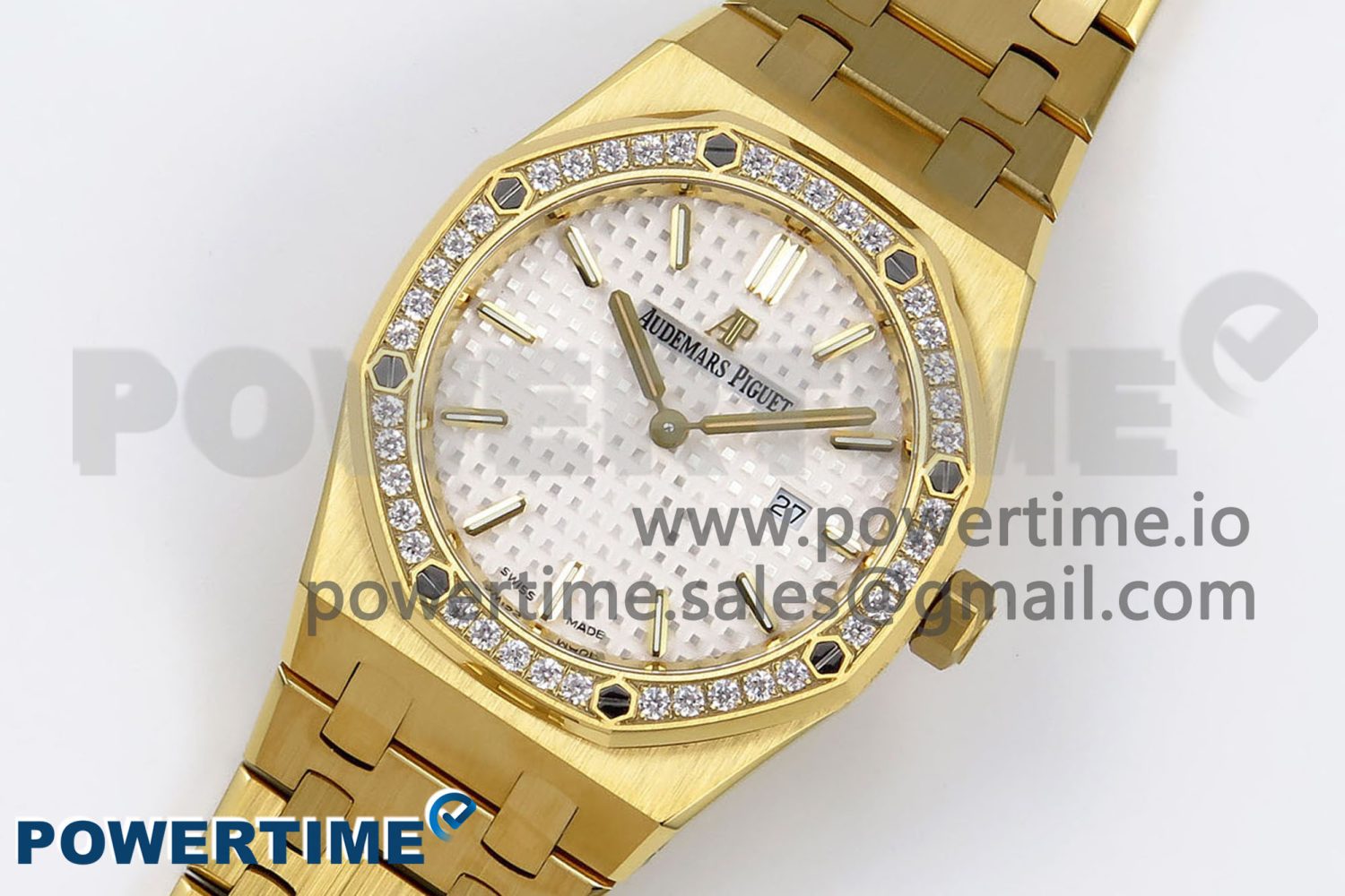 Lady Royal Oak 33mm 67651 Diamonds Bezel YG ZF 1:1 Best Edition White Textured Dial on YG Bracelet RONDA Quartz - Image 2