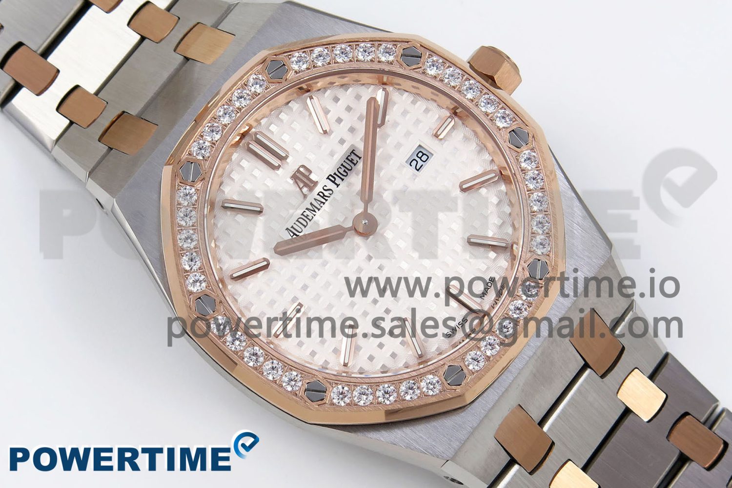 Lady Royal Oak 33mm 67651 Diamonds bezel SS/RG ZF 1:1 Best Edition White Textured Dial on SS/RG Bracelet RONDA Quartz - Image 3