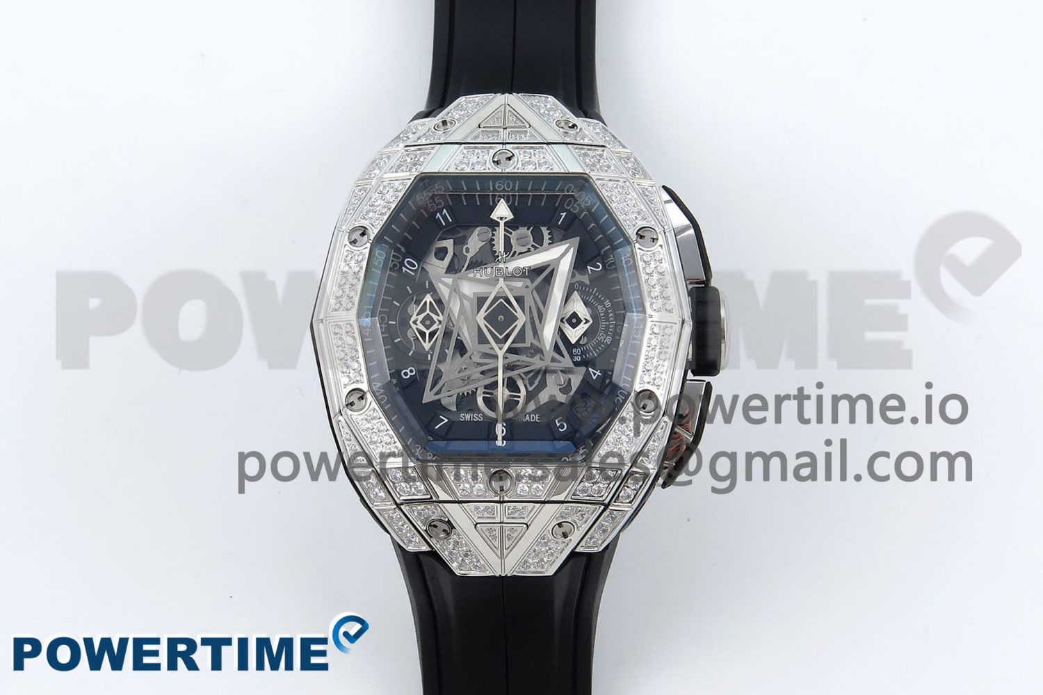 Spirit of Big Bang Sang Bleu SS Full Diamonds BLSF Edition Skeleton Dial on Black Rubber Strap A7750 - Image 1