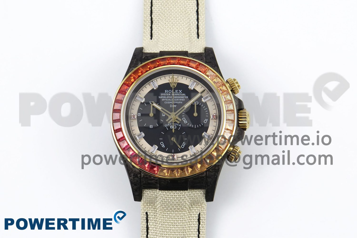 Daytona DIW Carbon Case DIWF Edition Black/White Dial Orange Diamonds Bezel on White Nylon Strap A7750 - Image 1
