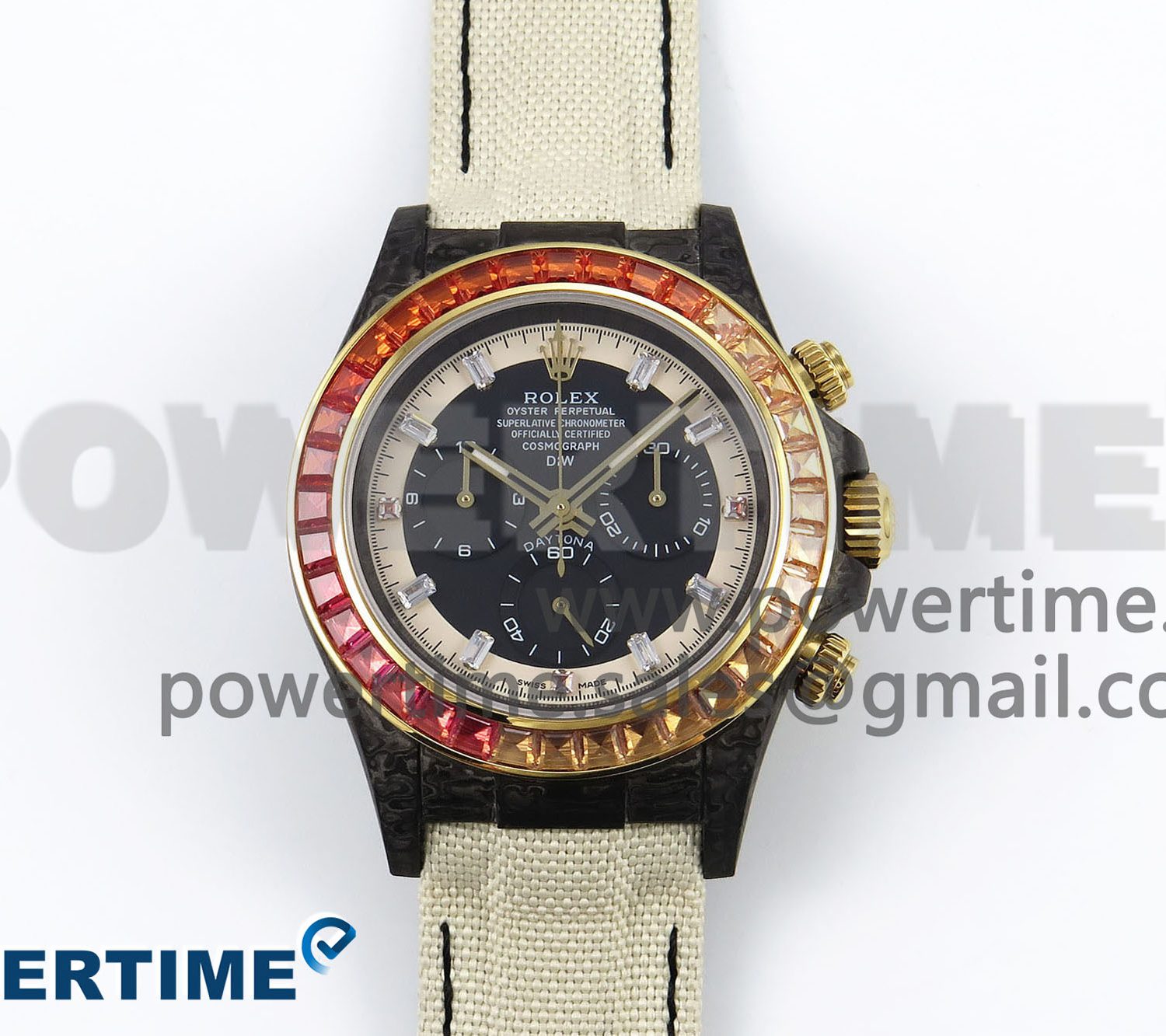 Daytona DIW Carbon Case DIWF Edition Black/White Dial Orange Diamonds Bezel on White Nylon Strap A7750