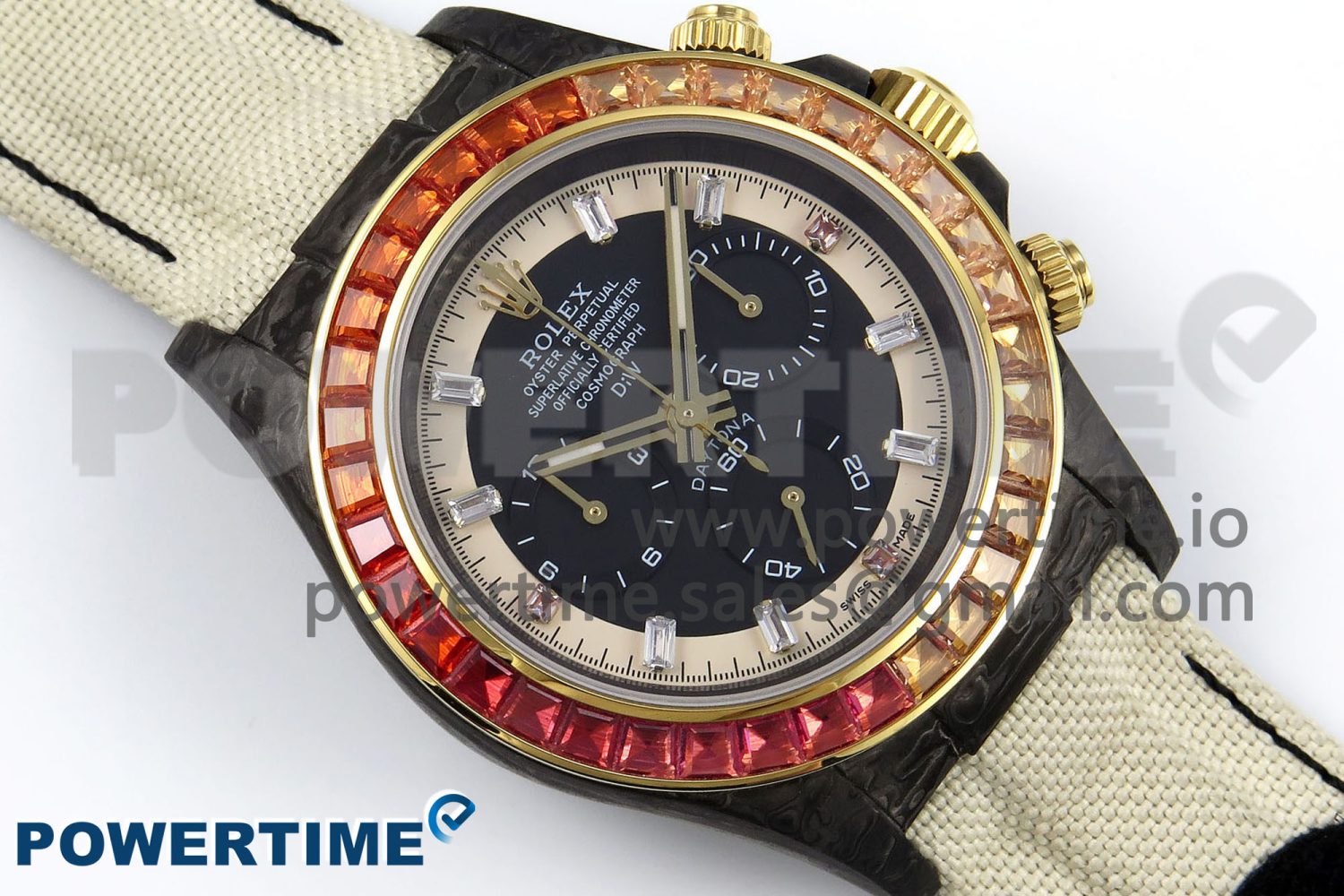 Daytona DIW Carbon Case DIWF Edition Black/White Dial Orange Diamonds Bezel on White Nylon Strap A7750 - Image 3