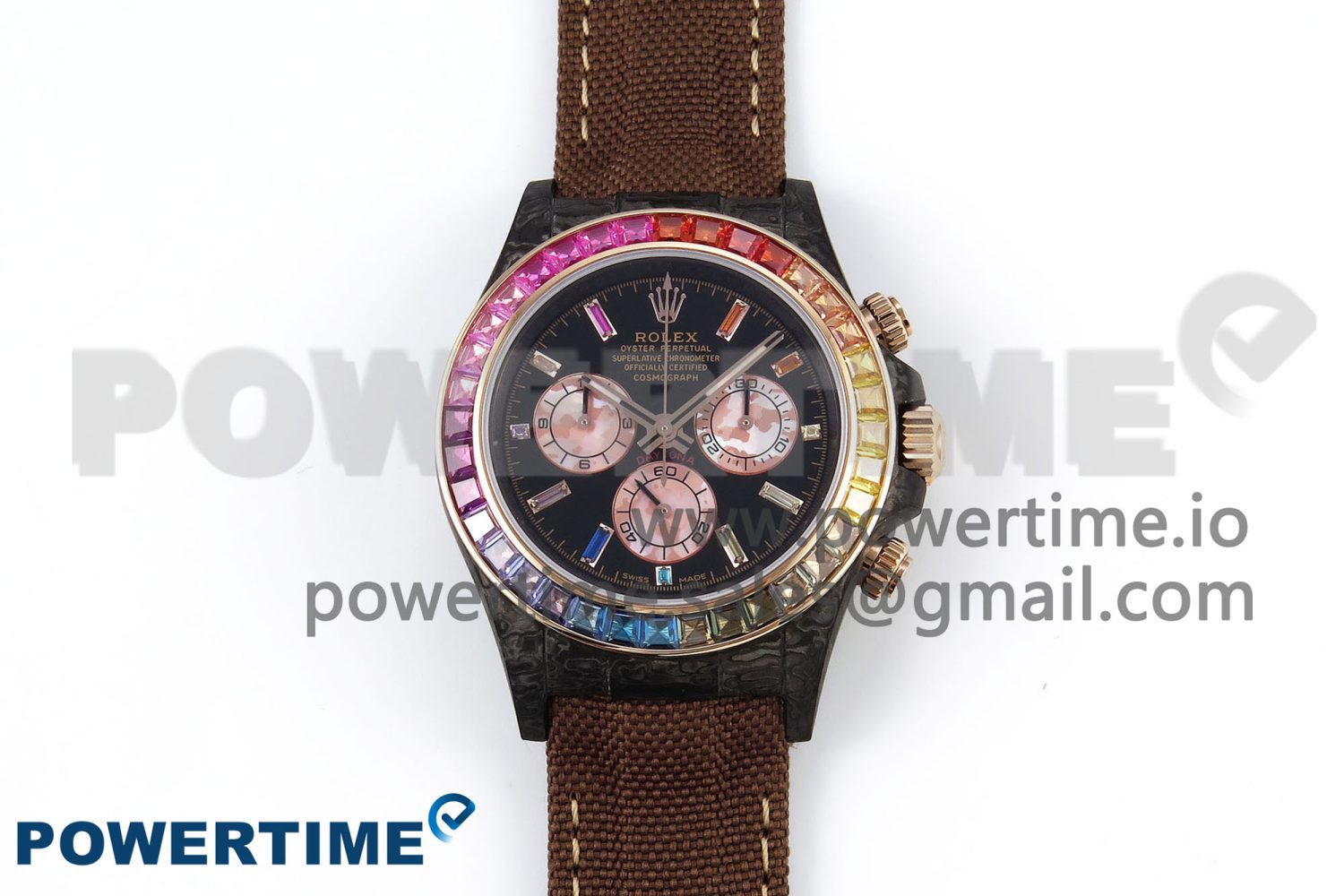 Daytona DIW Carbon Case DIWF Edition Black Dial Rainbow Diamonds Bezel on Brown Nylon Strap A7750 - Image 1
