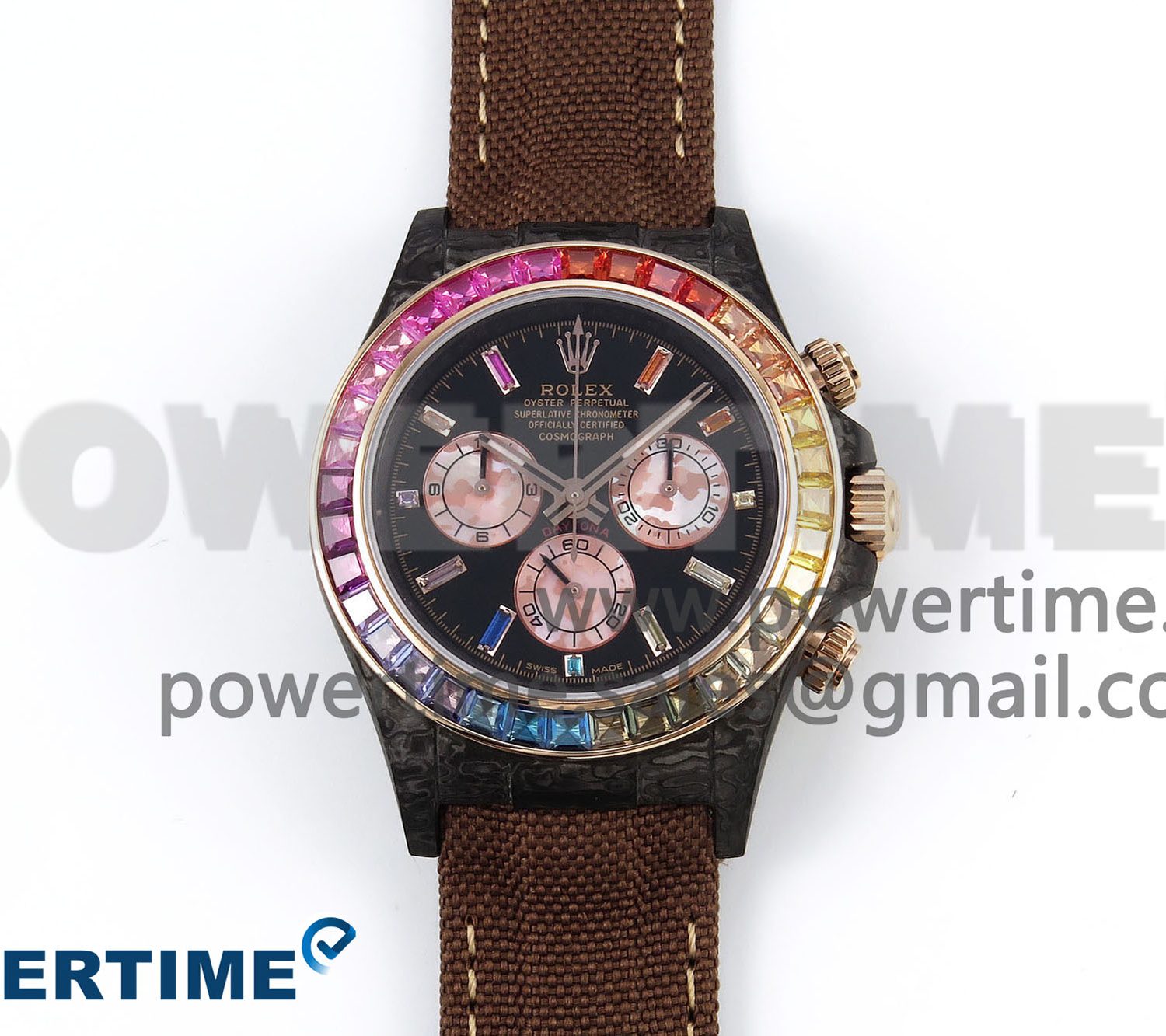Daytona DIW Carbon Case DIWF Edition Black Dial Rainbow Diamonds Bezel on Brown Nylon Strap A7750