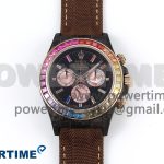 Daytona DIW Carbon Case DIWF Edition Black Dial Rainbow Diamonds Bezel on Brown Nylon Strap A7750
