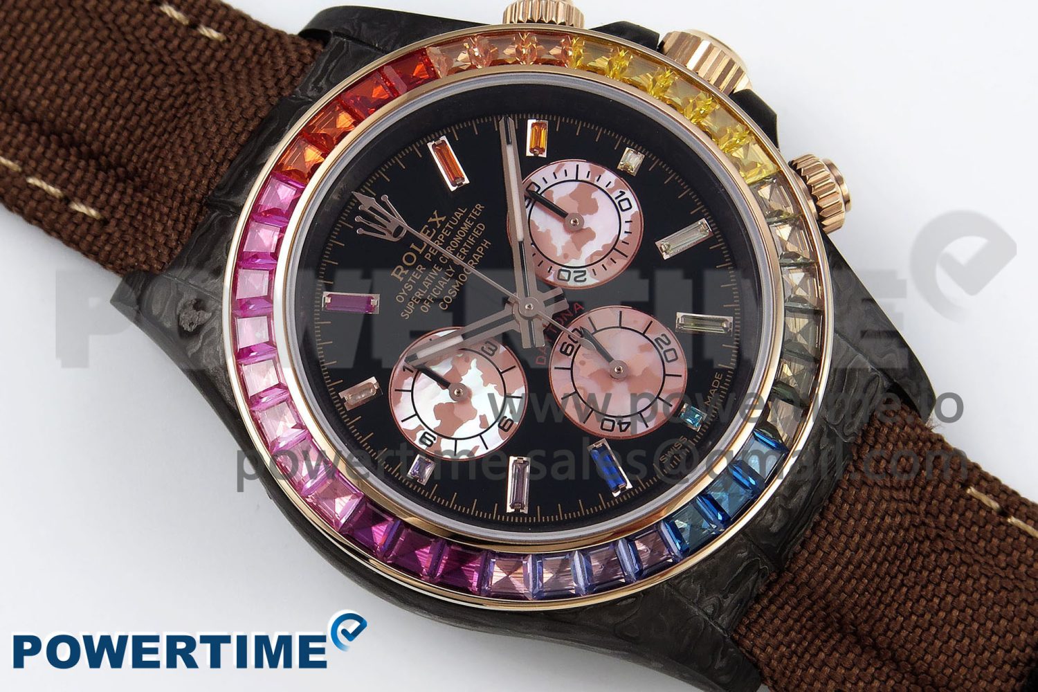 Daytona DIW Carbon Case DIWF Edition Black Dial Rainbow Diamonds Bezel on Brown Nylon Strap A7750 - Image 3