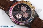 Daytona DIW Carbon Case DIWF Edition Black Dial Rainbow Diamonds Bezel on Brown Nylon Strap A7750 - Image 3