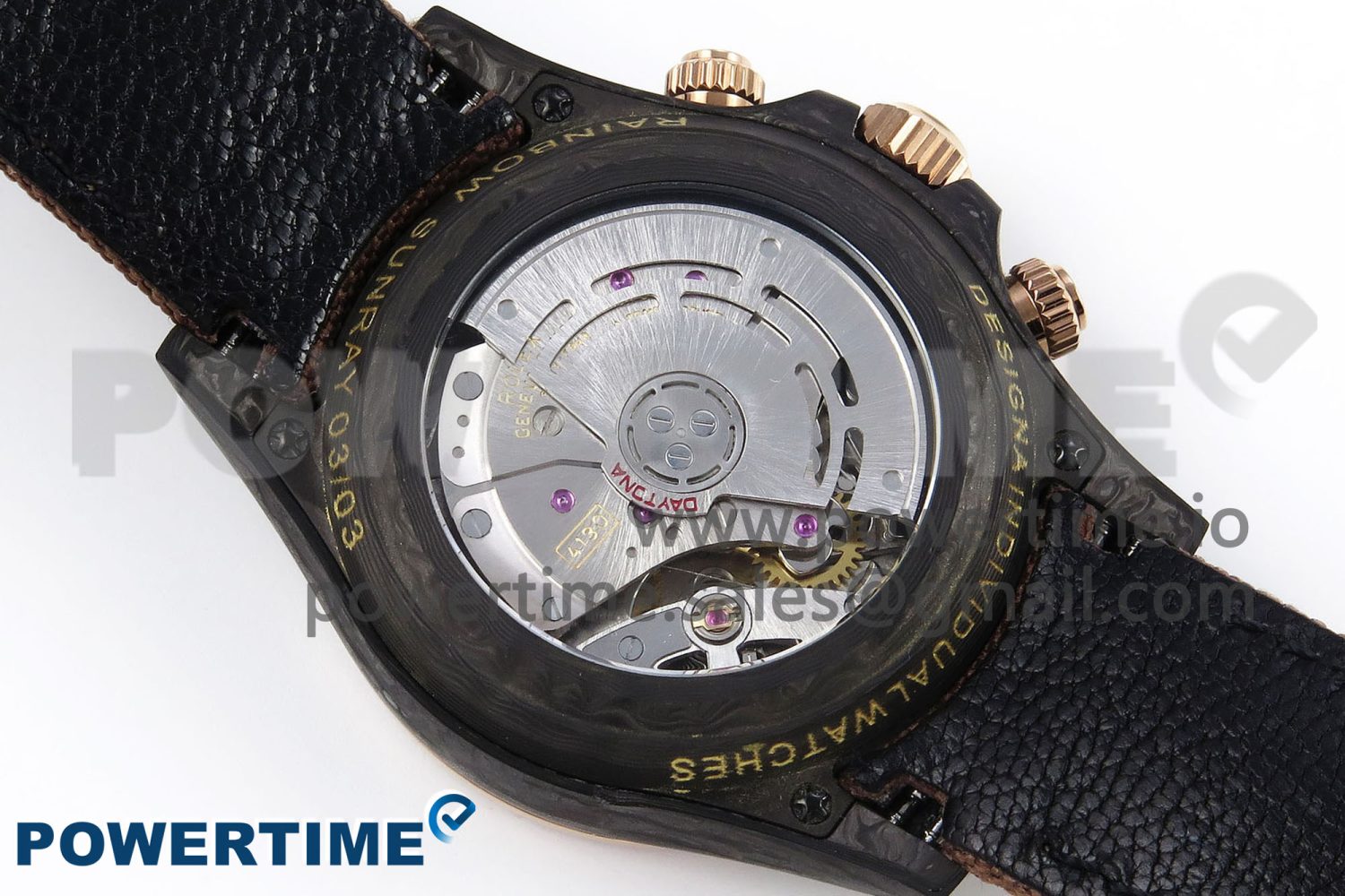 Daytona DIW Carbon Case DIWF Edition Black Dial Rainbow Diamonds Bezel on Brown Nylon Strap A7750 - Image 8