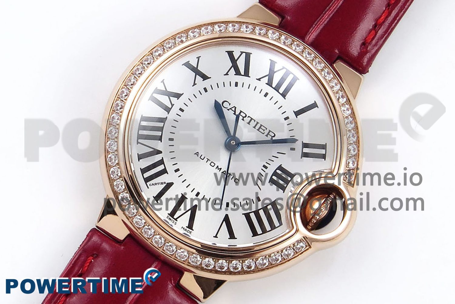 Ballon Bleu 33mm RG AF 1:1 Best Edition Silver Dial Diamonds Bezel on Red Leather Strap SEIKO NH05A - Image 2