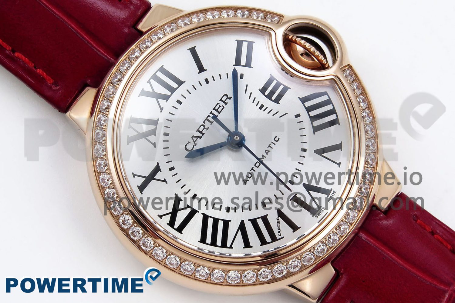 Ballon Bleu 33mm RG AF 1:1 Best Edition Silver Dial Diamonds Bezel on Red Leather Strap SEIKO NH05A - Image 3