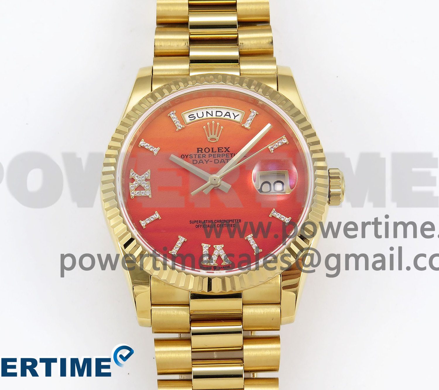 Day Date 36 YG TWSF Best Edition Orange/Red Roman Diamonds Dial on YG Bracelet A2836