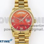 Day Date 36 YG TWSF Best Edition Orange/Red Roman Diamonds Dial on YG Bracelet A2836
