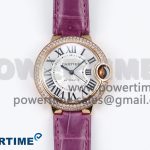 Ballon Bleu 33mm RG AF 1:1 Best Edition Silver Dial Diamonds Bezel on Purple Leather Strap SEIKO NH05A