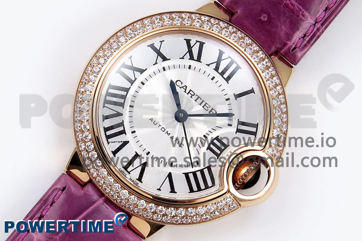Ballon Bleu 33mm RG AF 1:1 Best Edition Silver Dial Diamonds Bezel on Purple Leather Strap SEIKO NH05A - Image 2