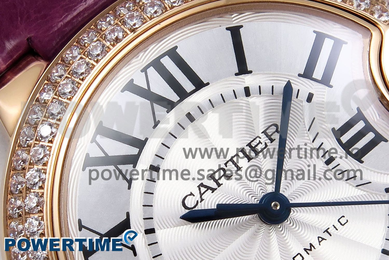 Ballon Bleu 33mm RG AF 1:1 Best Edition Silver Dial Diamonds Bezel on Purple Leather Strap SEIKO NH05A - Image 4