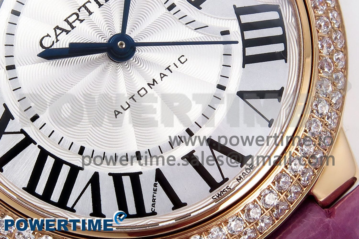 Ballon Bleu 33mm RG AF 1:1 Best Edition Silver Dial Diamonds Bezel on Purple Leather Strap SEIKO NH05A - Image 5