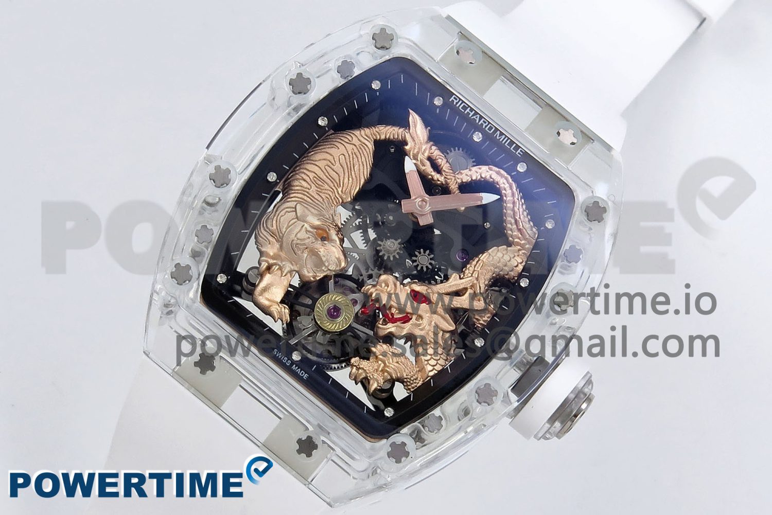RM51 Transparent Tourbillon RMF Best Edition RG Tiger/Dragon Dial on White Rubber Strap - Image 2