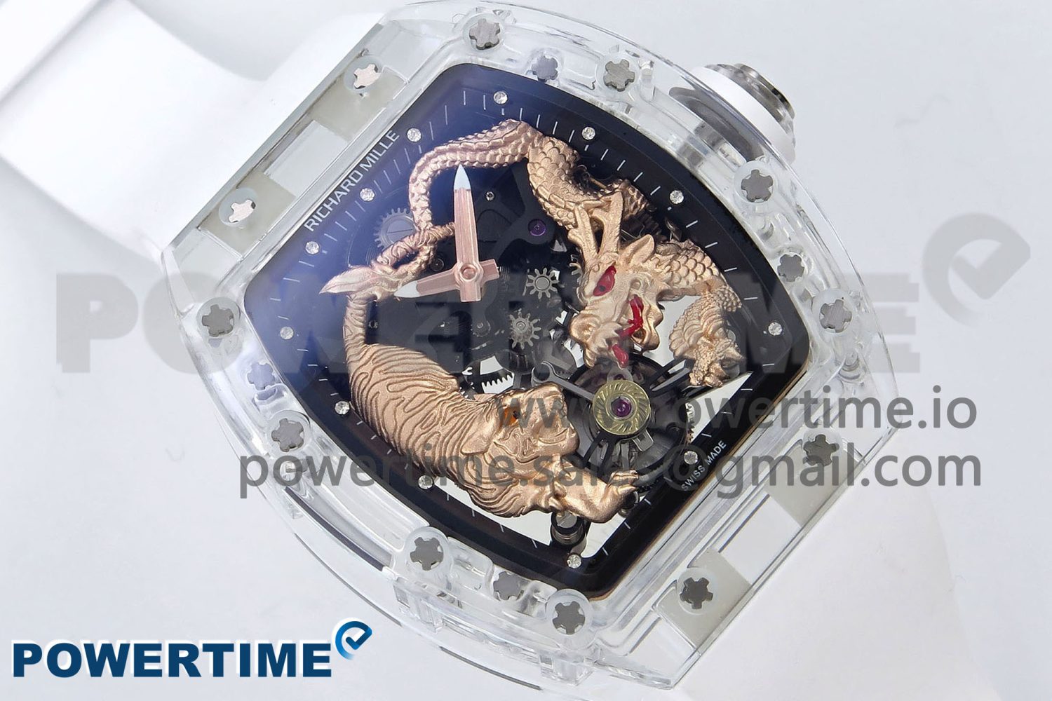 RM51 Transparent Tourbillon RMF Best Edition RG Tiger/Dragon Dial on White Rubber Strap - Image 3
