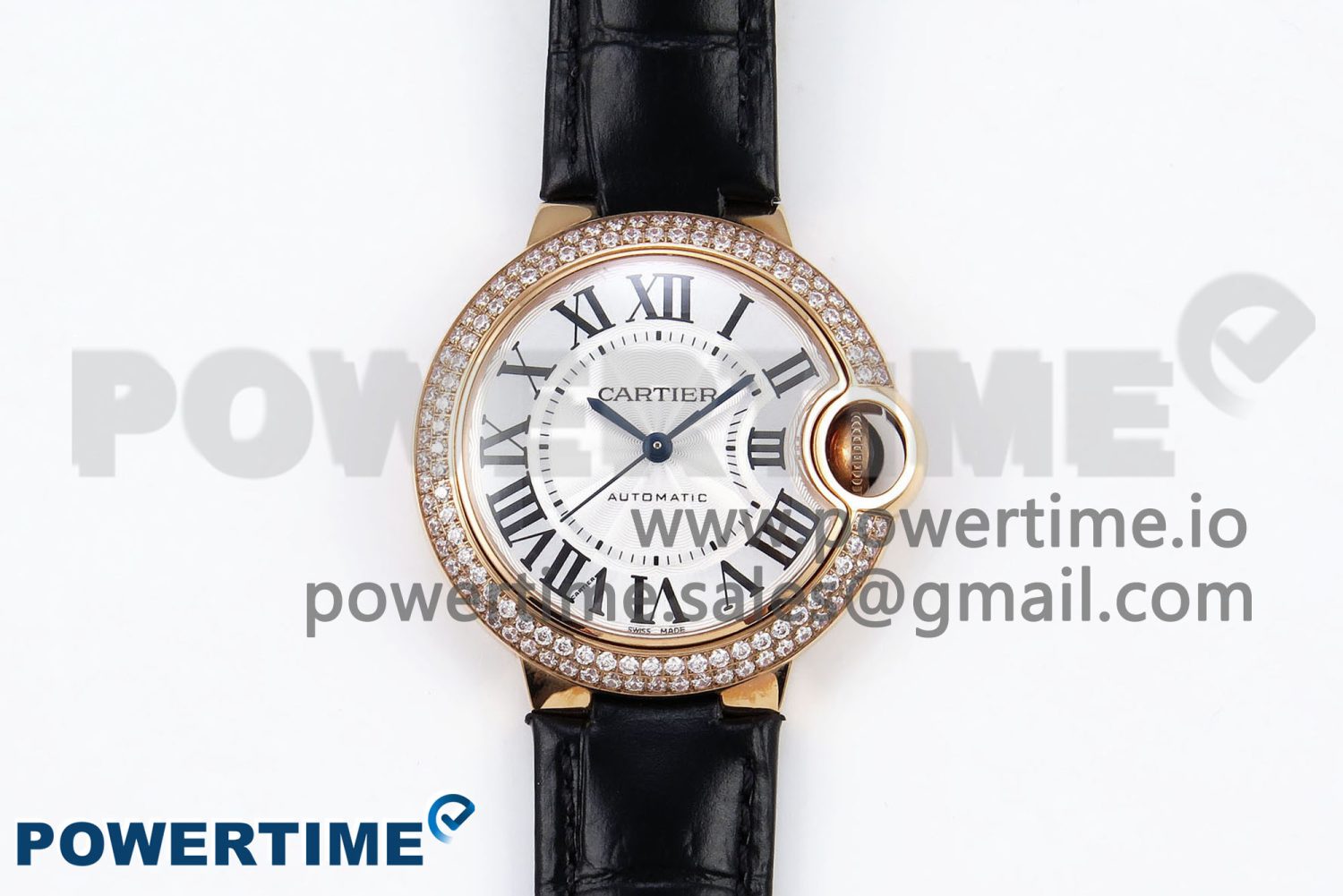 Ballon Bleu 33mm RG AF 1:1 Best Edition Silver Dial Diamonds Bezel on Black Leather Strap SEIKO NH05A - Image 1