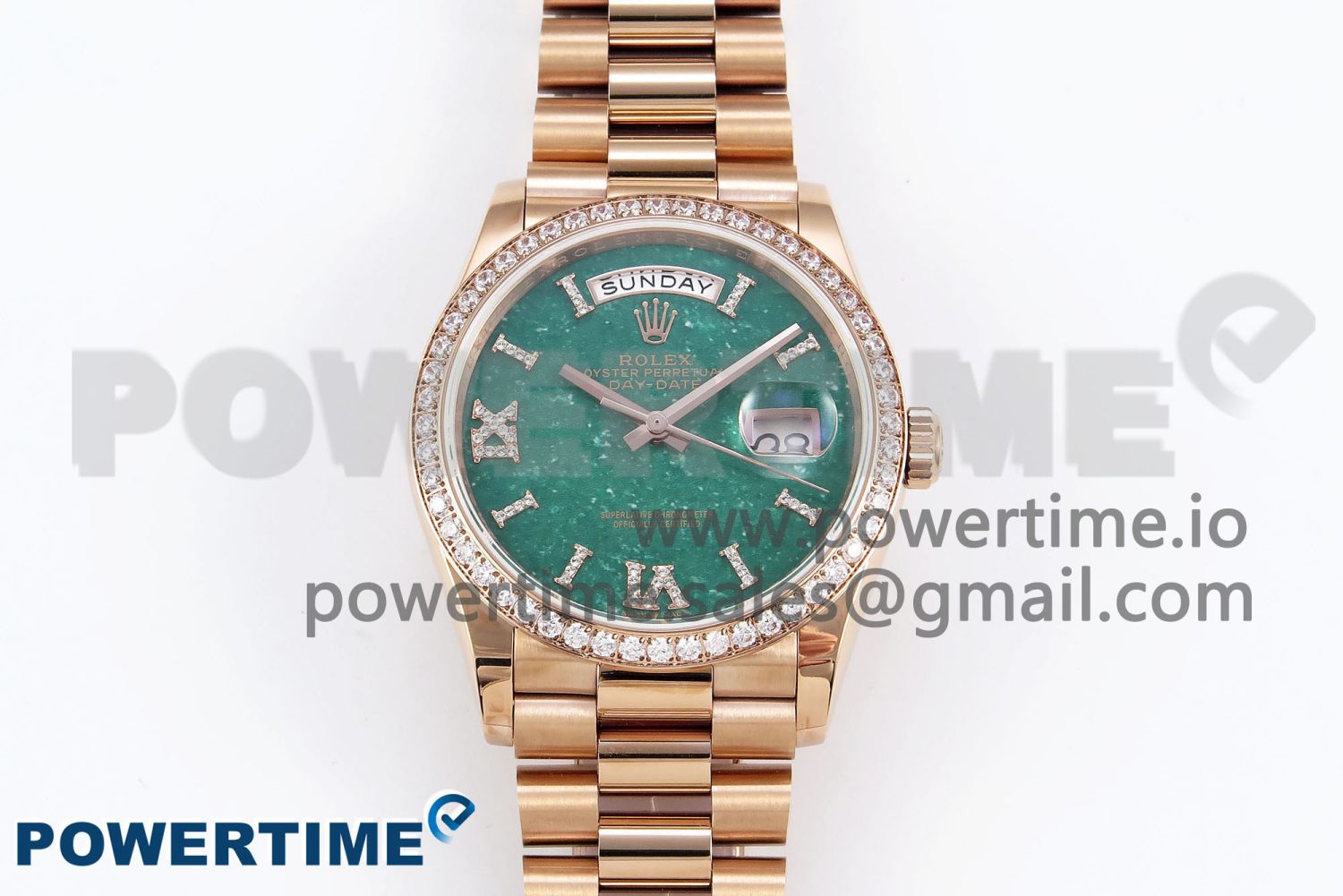 Day Date 36 RG TWSF Best Edition Green Roman Diamonds Dial Diamonds Bezel on RG Bracelet A2836 - Image 1