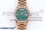 Day Date 36 RG TWSF Best Edition Green Roman Diamonds Dial Diamonds Bezel on RG Bracelet A2836
