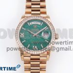 Day Date 36 RG TWSF Best Edition Green Roman Diamonds Dial Diamonds Bezel on RG Bracelet A2836