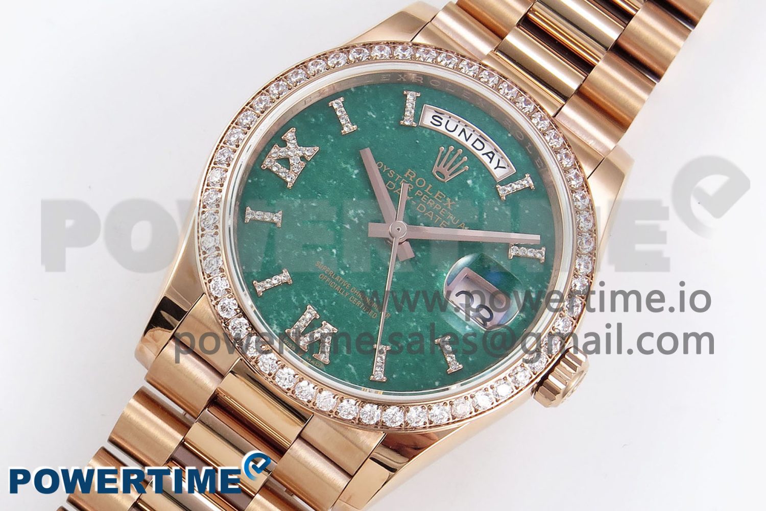 Day Date 36 RG TWSF Best Edition Green Roman Diamonds Dial Diamonds Bezel on RG Bracelet A2836 - Image 2