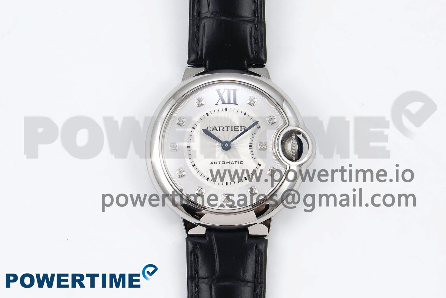 Ballon Bleu 33mm SS AF 1:1 Best Edition Silver Diamonds Dial on Black Leather Strap SEIKO NH05A - Image 1