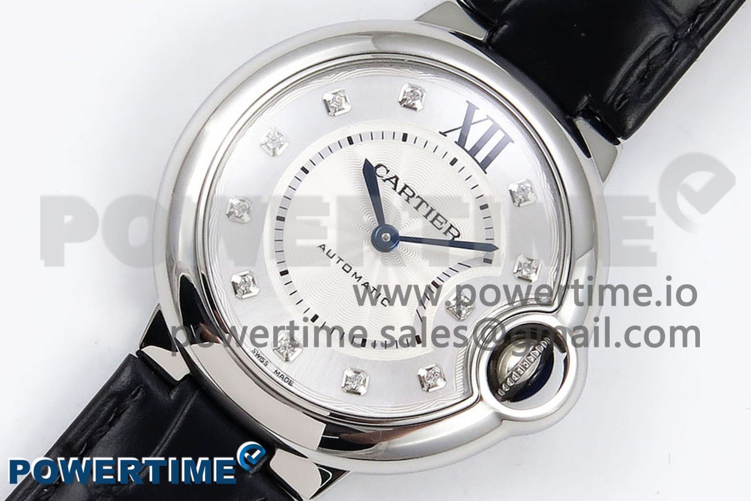 Ballon Bleu 33mm SS AF 1:1 Best Edition Silver Diamonds Dial on Black Leather Strap SEIKO NH05A - Image 2