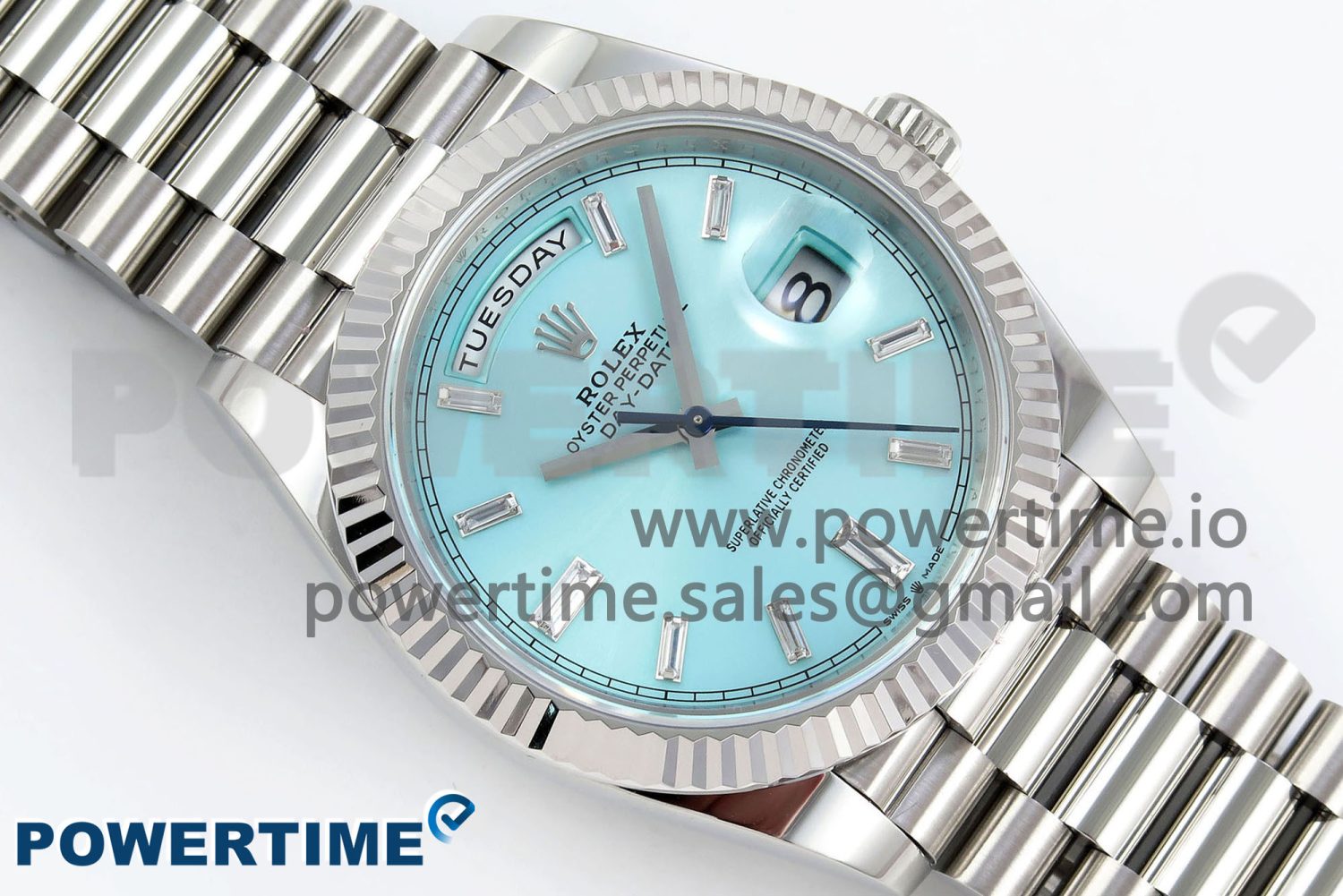 DayDate 40 228238 ARF 904L Steel Tiffany Blue Crystal Diamonds Bezel on President Bracelet VR3255 - Image 3