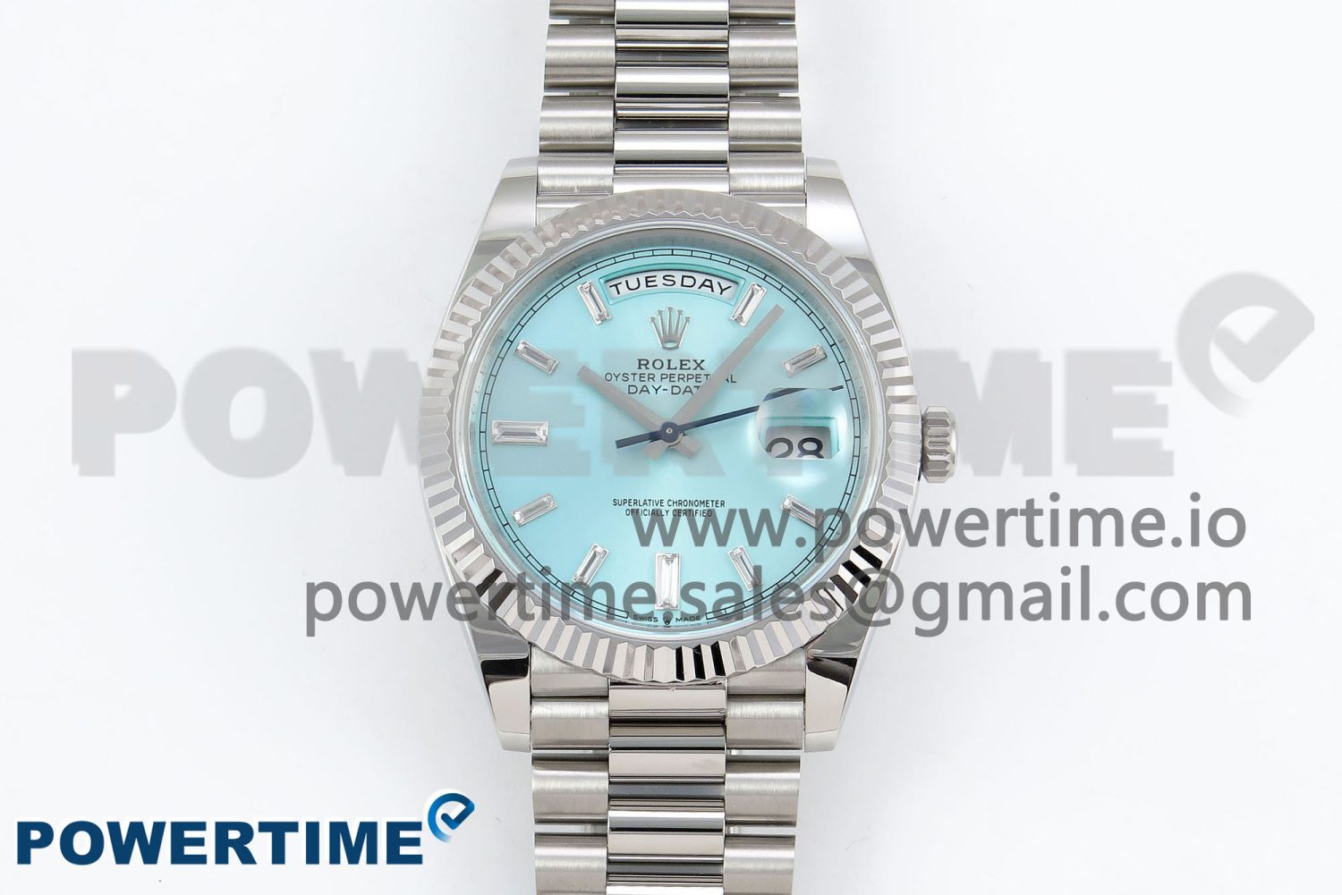 DayDate 40 228238 ARF 904L Steel Tiffany Blue Crystal Diamonds Bezel on President Bracelet VR3255 - Image 1