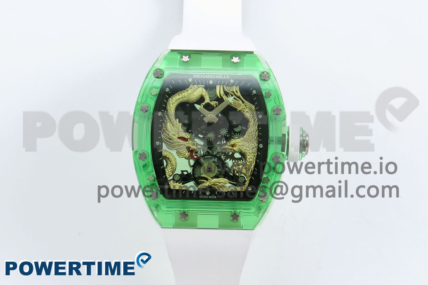 RM57 Green Transparent Tourbillon RMF Best Edition Gold Dragon Eagle Dial on White Rubber Strap - Image 1