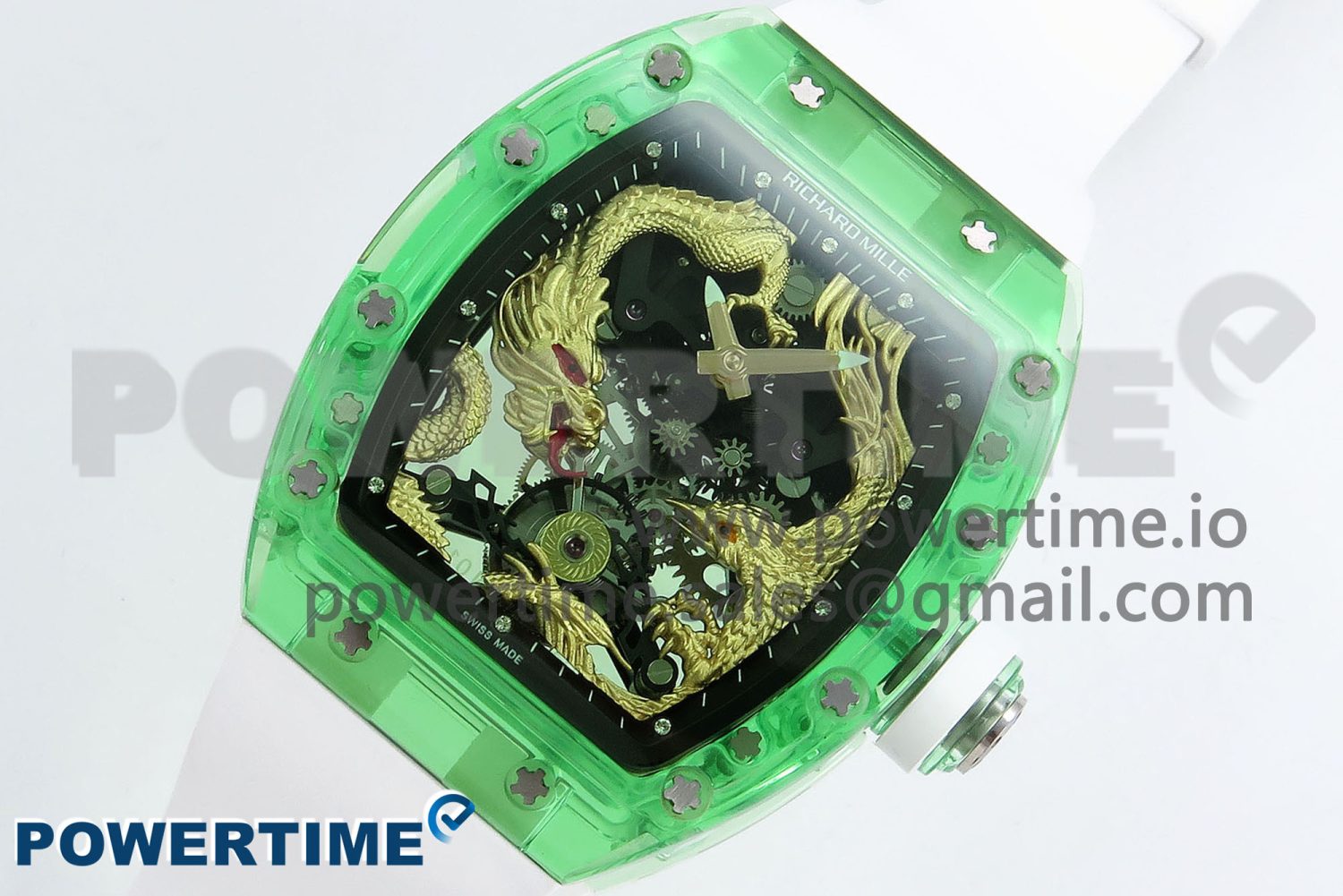 RM57 Green Transparent Tourbillon RMF Best Edition Gold Dragon Eagle Dial on White Rubber Strap - Image 2