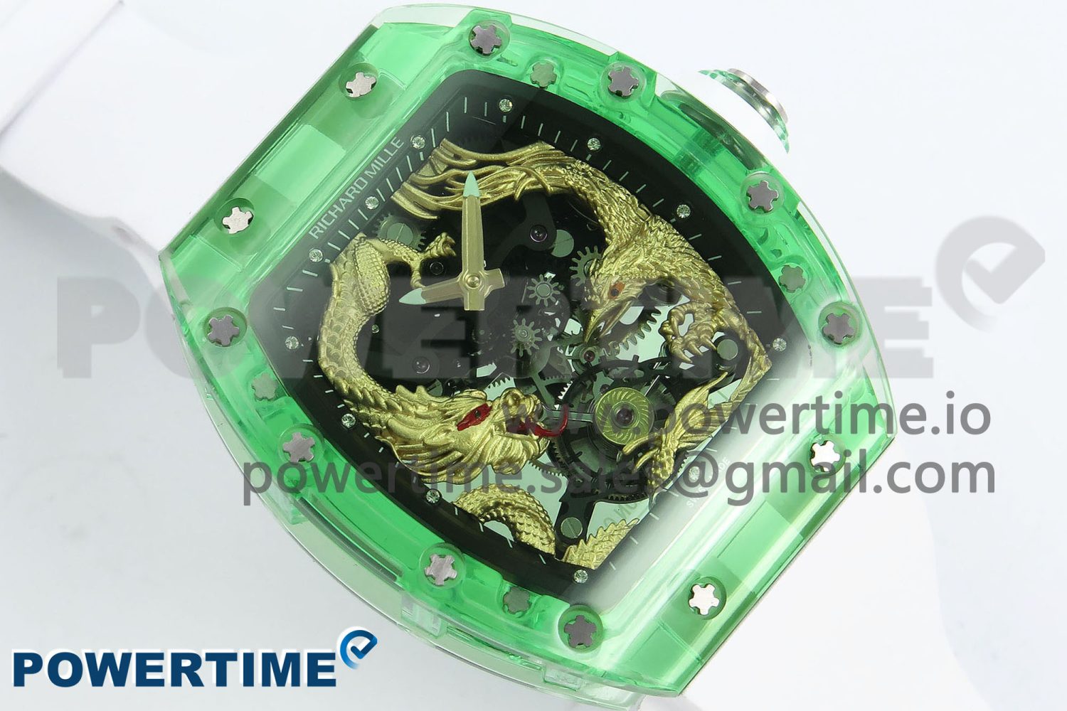 RM57 Green Transparent Tourbillon RMF Best Edition Gold Dragon Eagle Dial on White Rubber Strap - Image 3