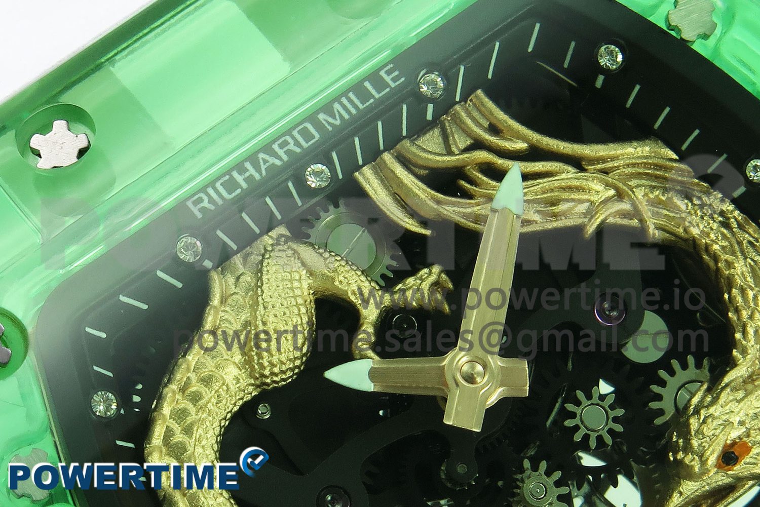 RM57 Green Transparent Tourbillon RMF Best Edition Gold Dragon Eagle Dial on White Rubber Strap - Image 4
