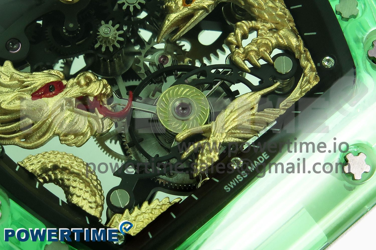 RM57 Green Transparent Tourbillon RMF Best Edition Gold Dragon Eagle Dial on White Rubber Strap - Image 5