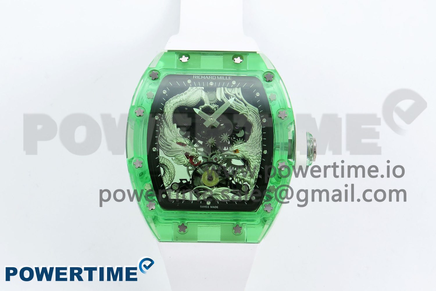 RM57 Green Transparent Tourbillon RMF Best Edition Silver Dragon Eagle Dial on White Rubber Strap - Image 1