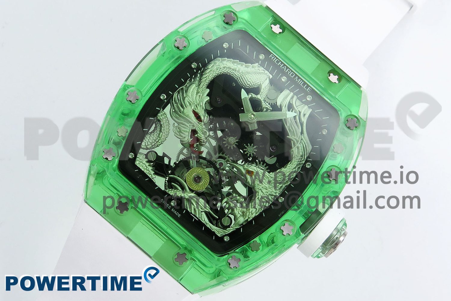 RM57 Green Transparent Tourbillon RMF Best Edition Silver Dragon Eagle Dial on White Rubber Strap - Image 2