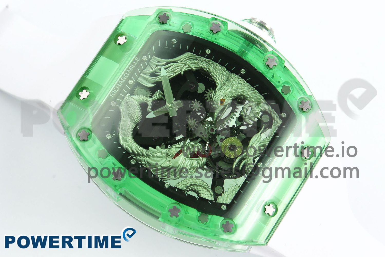 RM57 Green Transparent Tourbillon RMF Best Edition Silver Dragon Eagle Dial on White Rubber Strap - Image 3