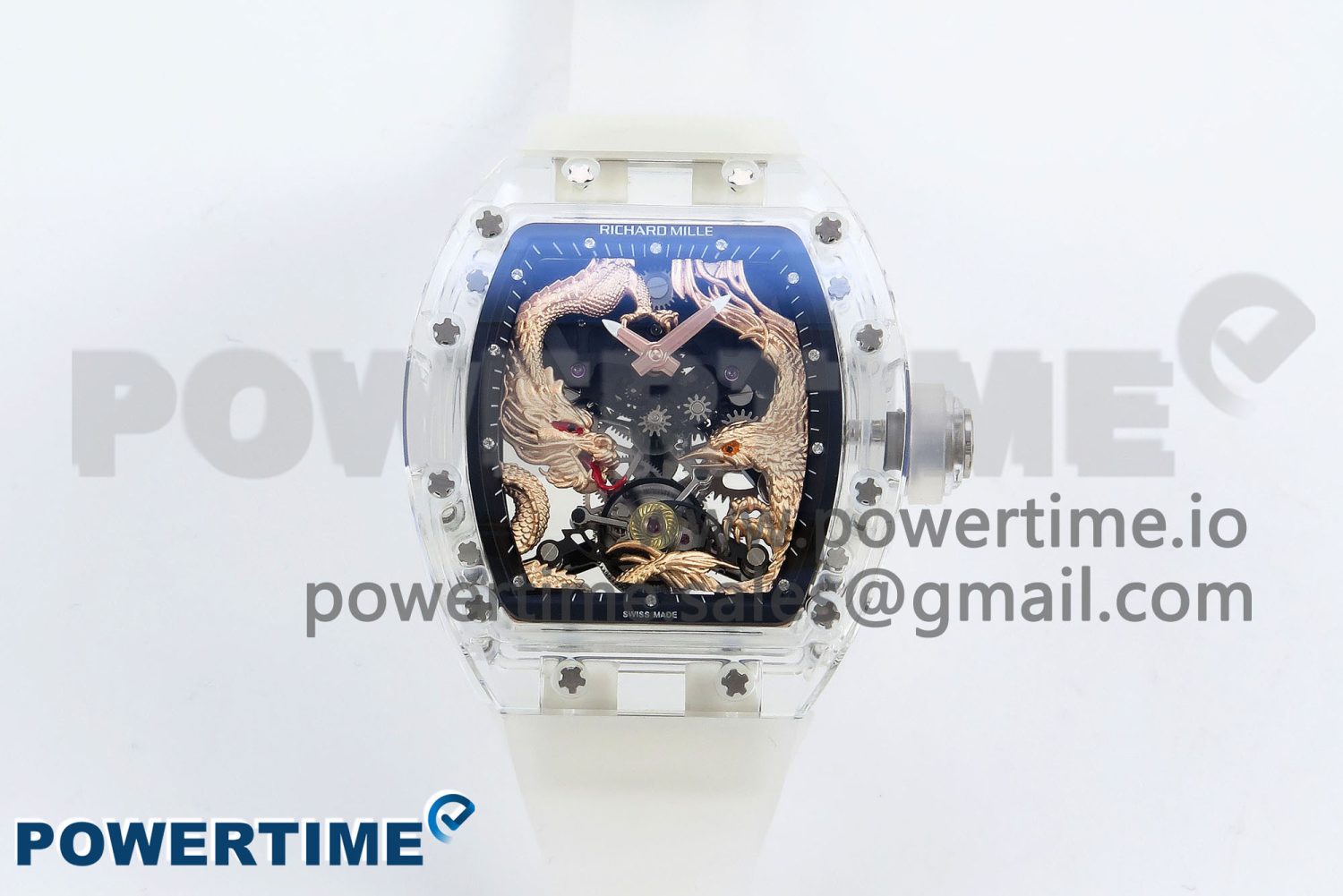 RM57 Transparent Tourbillon RMF Best Edition Gold Dragon Eagle Dial on Transparent Rubber Strap - Image 1
