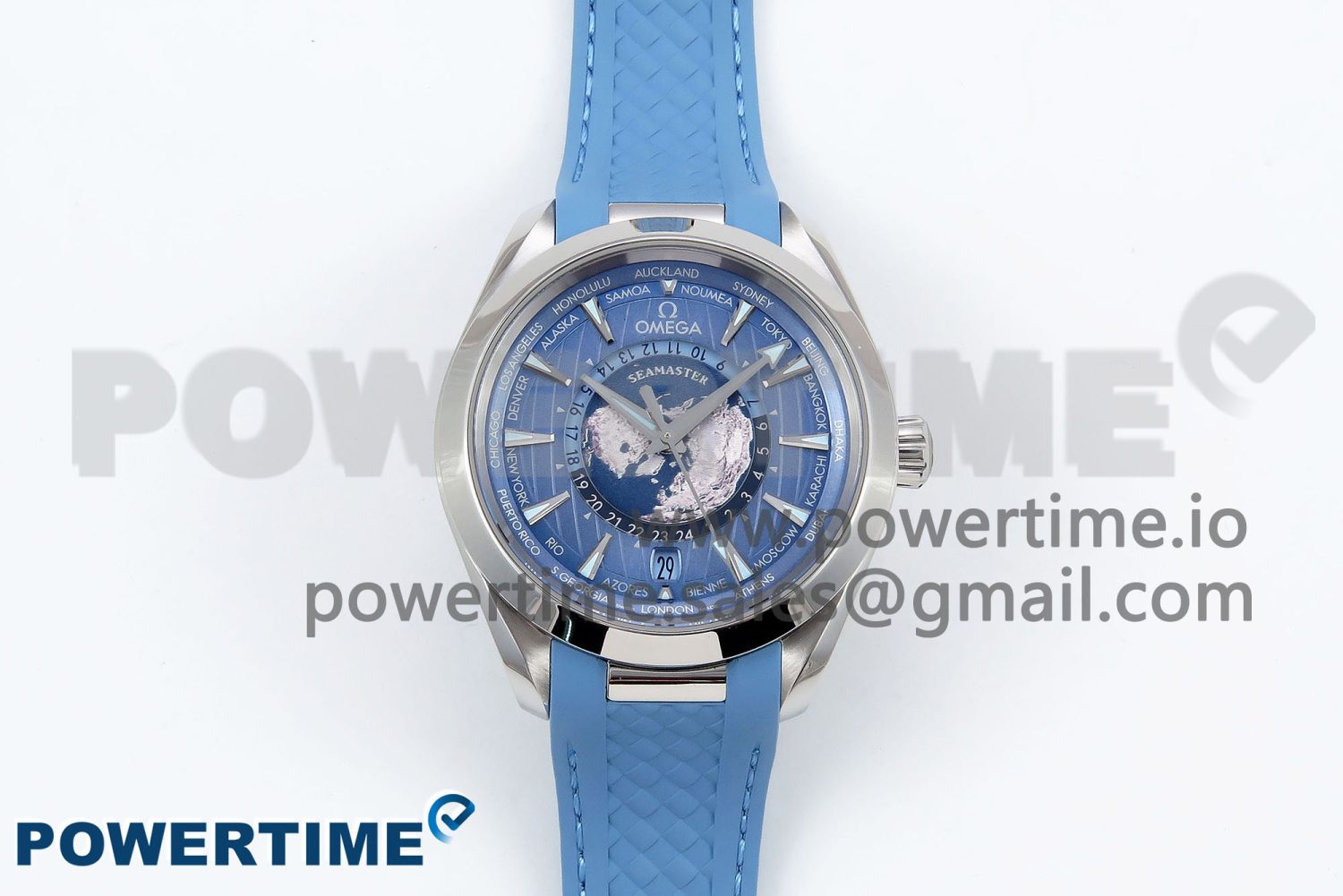 Aqua Terra GMT Worldtimer 43mm VSF 1:1 Best Edition Summer Blue Dial on Blue Rubber Strap A8938 Super Clone - Image 1