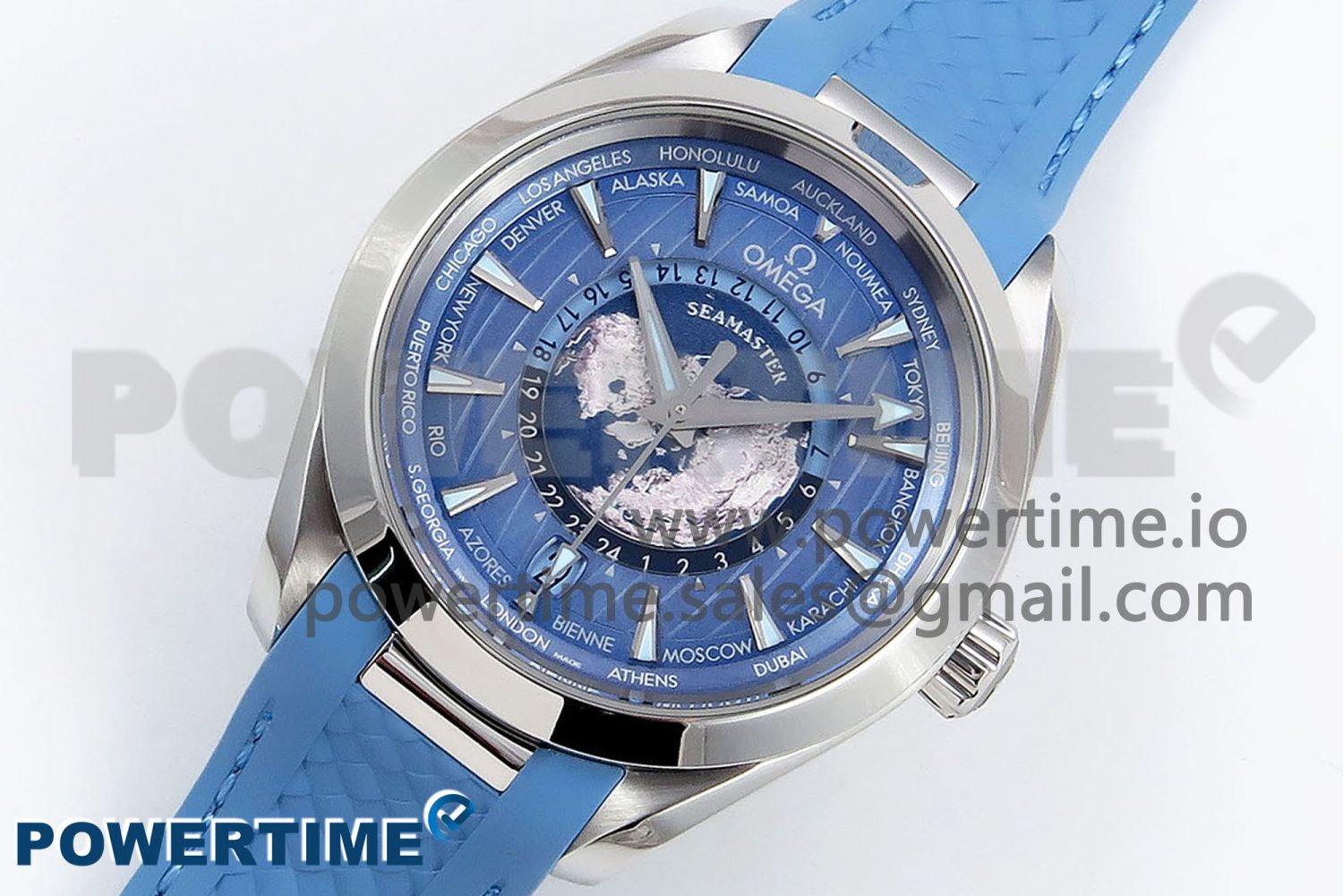 Aqua Terra GMT Worldtimer 43mm VSF 1:1 Best Edition Summer Blue Dial on Blue Rubber Strap A8938 Super Clone - Image 2