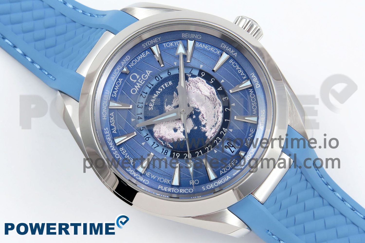 Aqua Terra GMT Worldtimer 43mm VSF 1:1 Best Edition Summer Blue Dial on Blue Rubber Strap A8938 Super Clone - Image 3