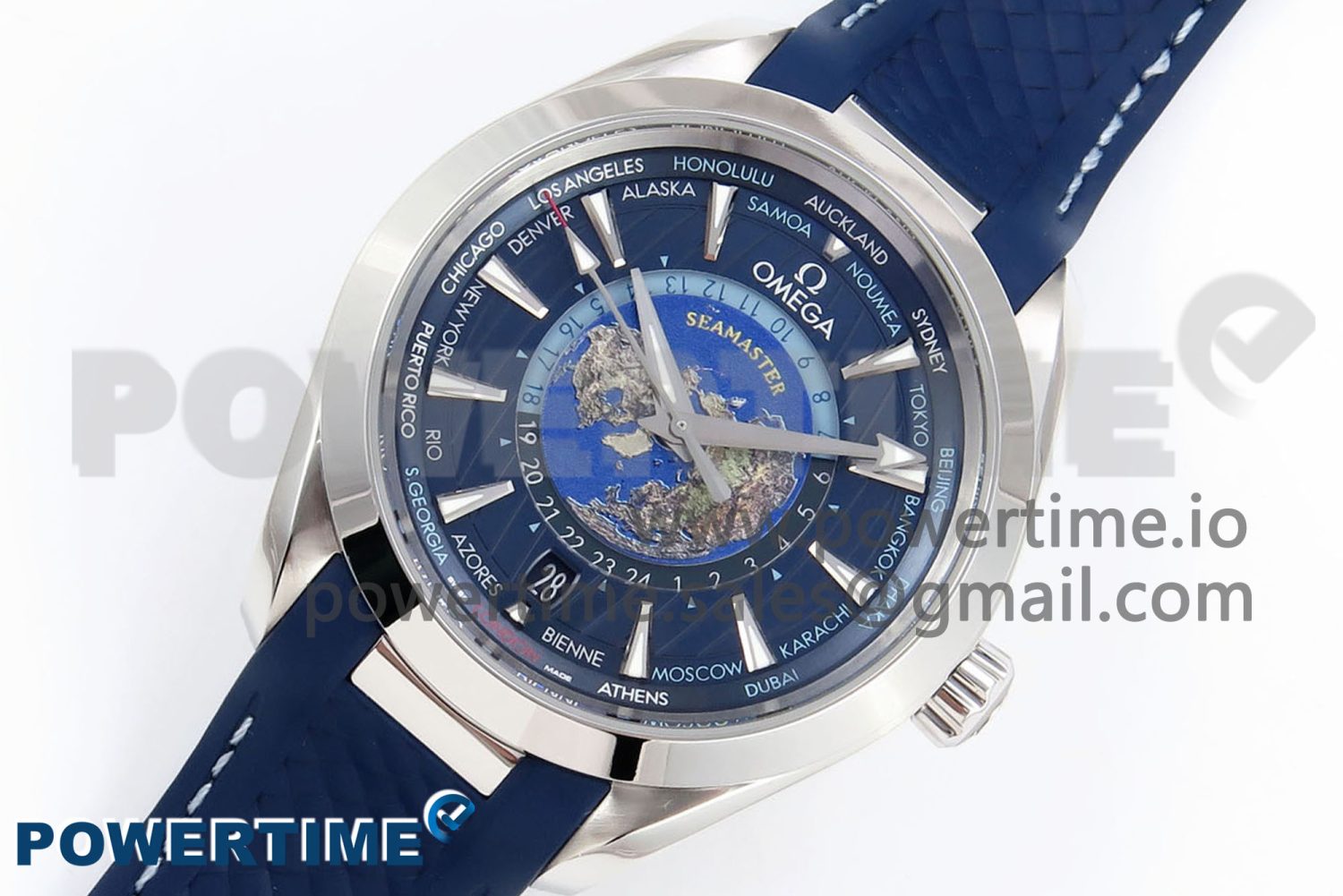Aqua Terra GMT Worldtimer 43mm VSF 1:1 Best Edition Deep Blue Dial on Blue Rubber Strap A8938 Super Clone - Image 2