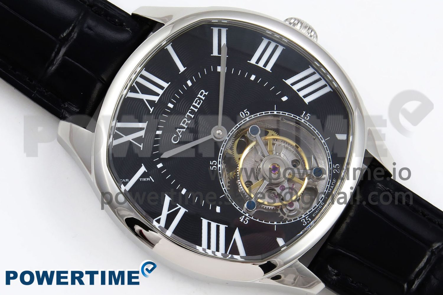 Drive De Cartier Flying Tourbillon SS RMS Best Edition Black Dial on Black Leather Strap - Image 3