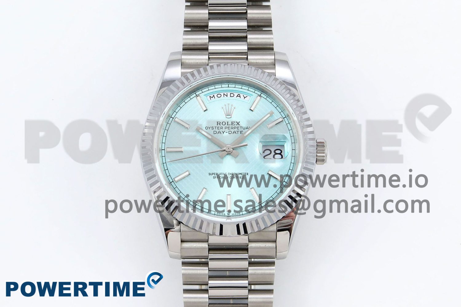 DayDate 40 SS JDF 904L Steel Ice Blue Textured Dial on President Bracelet VR3255 V3 (Gain Weight) - Image 1