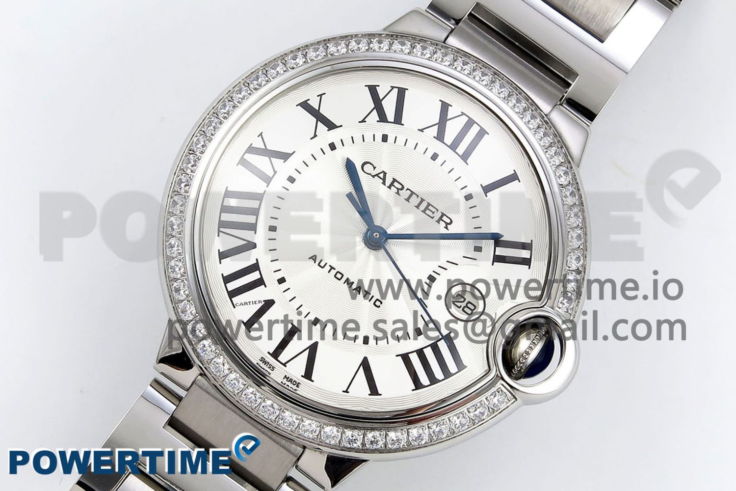 Ballon Bleu 42mm SS CHF 1:1 Best Edition White Texture Dial 1Line Diamonds Bezel on SS Bracelet A2824 - Image 2