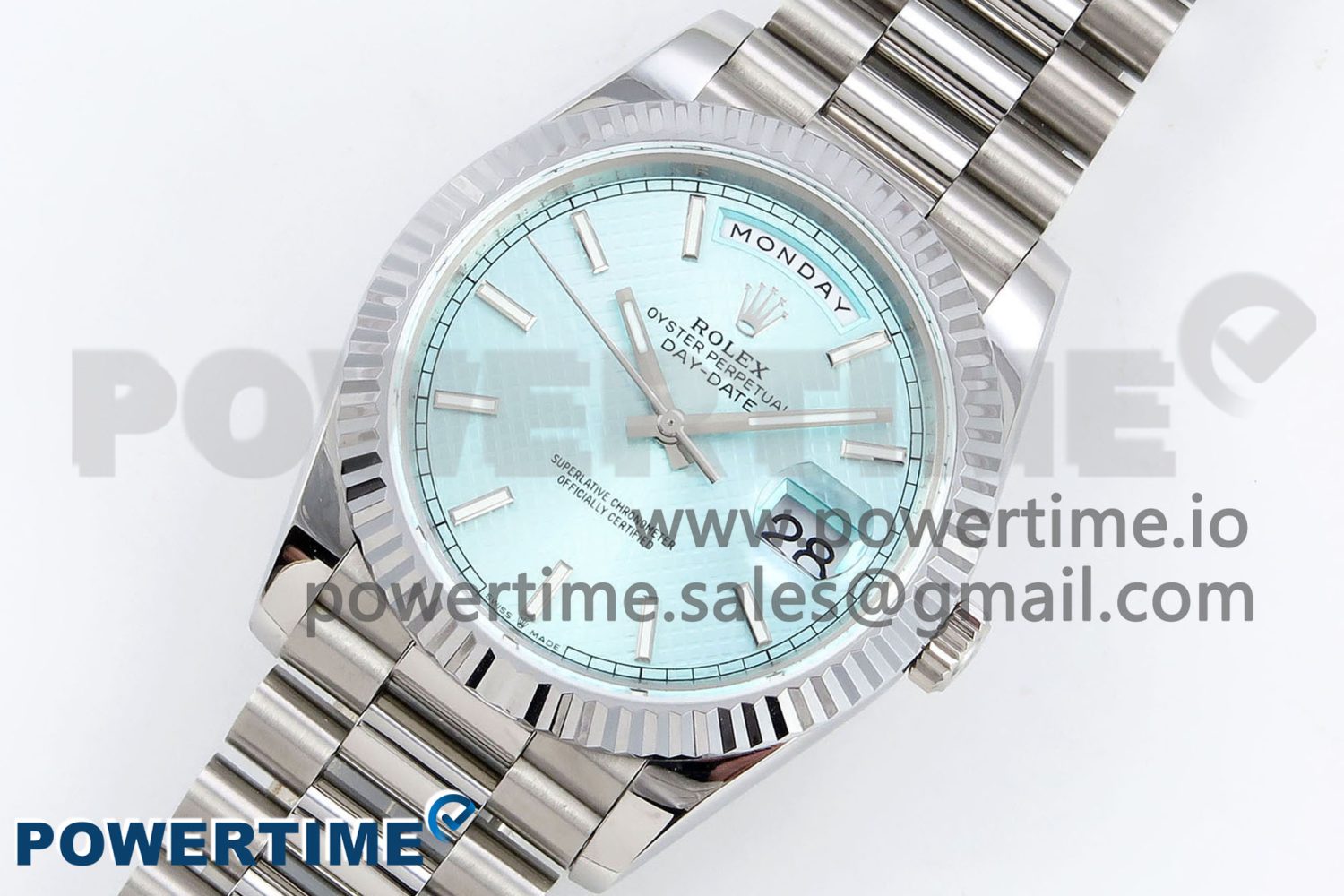 DayDate 40 SS JDF 904L Steel Ice Blue Textured Dial on President Bracelet VR3255 V3 (Gain Weight) - Image 2